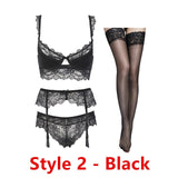 Sexy lace thin cotton cup breast bra set (bra+panty+garter belt +stocking) 4pieces/lots Lingerie Set