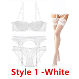 Sexy lace thin cotton cup breast bra set (bra+panty+garter belt +stocking) 4pieces/lots Lingerie Set