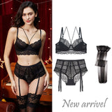 Sexy lace thin cotton cup breast bra set (bra+panty+garter belt +stocking) 4pieces/lots Lingerie Set