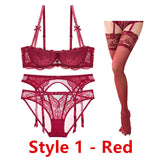 Sexy lace thin cotton cup breast bra set (bra+panty+garter belt +stocking) 4pieces/lots Lingerie Set