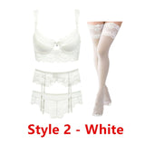 Sexy lace thin cotton cup breast bra set (bra+panty+garter belt +stocking) 4pieces/lots Lingerie Set
