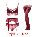 Sexy lace thin cotton cup breast bra set (bra+panty+garter belt +stocking) 4pieces/lots Lingerie Set