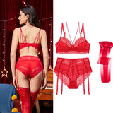 Sexy lace thin cotton cup breast bra set (bra+panty+garter belt +stocking) 4pieces/lots Lingerie Set