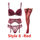 Sexy lace thin cotton cup breast bra set (bra+panty+garter belt +stocking) 4pieces/lots Lingerie Set