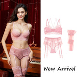 Sexy lace thin cotton cup breast bra set (bra+panty+garter belt +stocking) 4pieces/lots Lingerie Set