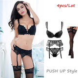 Sexy lace thin cotton cup breast bra set (bra+panty+garter belt +stocking) 4pieces/lots Lingerie Set
