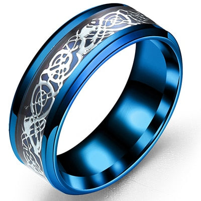Domineering Man Ring Red Green Carbon Fiber Black Dragon Inlay Comfort Fit Stainless steel Rings for Men Wedding Band Ring