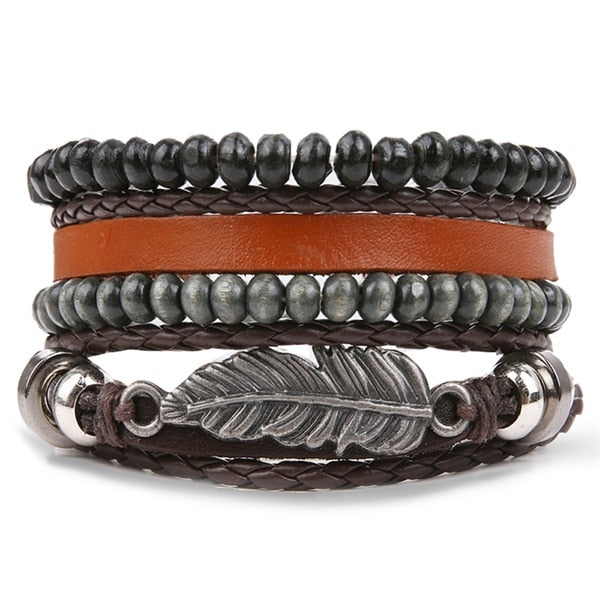 IFMIA Vintage Leaf Feather Multilayer Leather Bracelet Men Fashion Braided Handmade Star Rope Wrap Bracelets & Bangles Male Gift