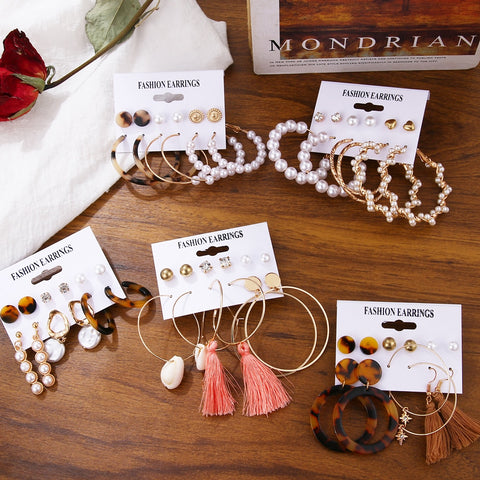 2020 Vintage Pearl Twist Big Circle Earrings Set for Women Fashion Geometric Imitation Pearl Crystal Earrings Jewelry