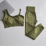 Seamless Yoga Set Women Gym Clothing Sportswear Hollow Out Yoga Leggings Padded One Shoulder Sports Bra 2 Pcs Workout Clothes