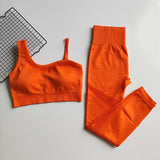 Seamless Yoga Set Women Gym Clothing Sportswear Hollow Out Yoga Leggings Padded One Shoulder Sports Bra 2 Pcs Workout Clothes