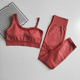 Seamless Yoga Set Women Gym Clothing Sportswear Hollow Out Yoga Leggings Padded One Shoulder Sports Bra 2 Pcs Workout Clothes