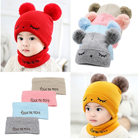 2Pcs Toddler Hat +Twitter  Pompon Winter Children Hat Bonnet Enfant Knitted Cute  Cap For Girls Boys 0-24 Months