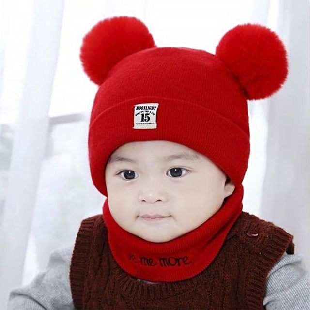 2Pcs Toddler Hat +Twitter  Pompon Winter Children Hat Bonnet Enfant Knitted Cute  Cap For Girls Boys 0-24 Months