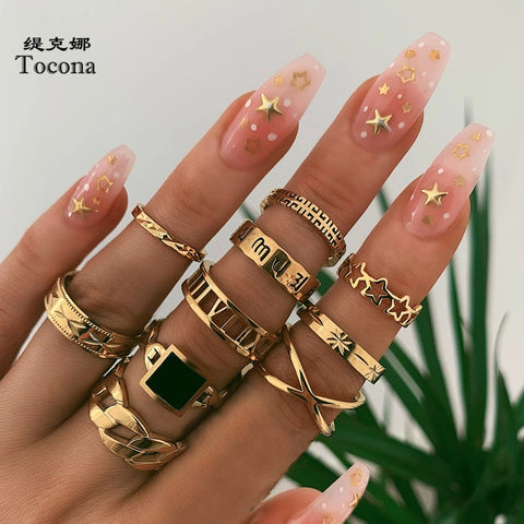 Tocona Luxury Shiny Square Crystal Stone Gold Rings for Women Men Charms Star Geometric Jewelry Anillos Mujer Wholesale 9071