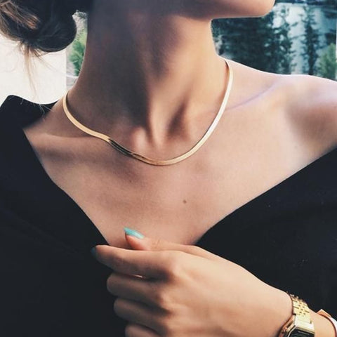 Gold Blade chain Choker Necklace Women Sexy  Flat snake chain Gift  XL222