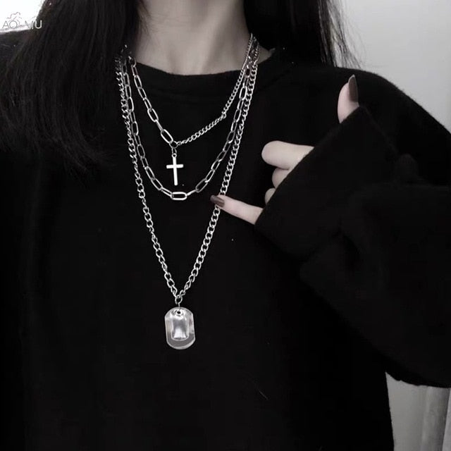 AOMU 2020 Personality Hip Hop Multilayer Necklace Metal Cross Pendant Silver Color Chain Necklace for Women Men Unisex Jewelry