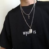 AOMU 2020 Personality Hip Hop Multilayer Necklace Metal Cross Pendant Silver Color Chain Necklace for Women Men Unisex Jewelry