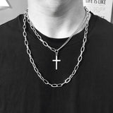 AOMU 2020 Personality Hip Hop Multilayer Necklace Metal Cross Pendant Silver Color Chain Necklace for Women Men Unisex Jewelry
