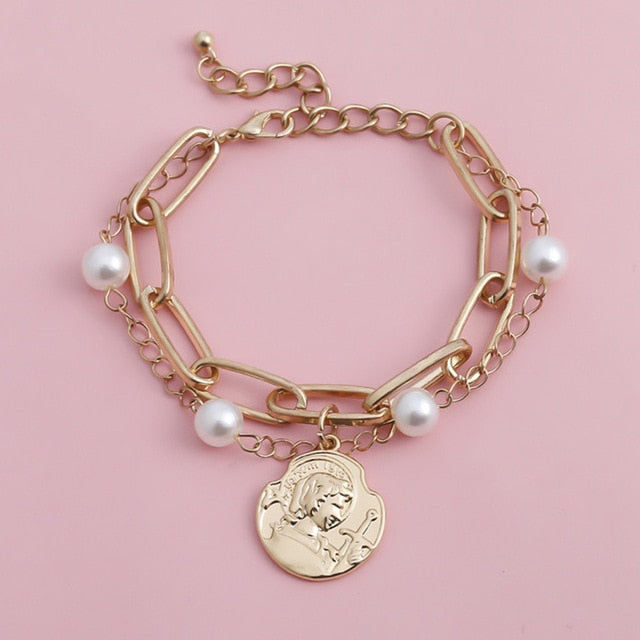 High Quality Charm Imitation Pearl Bracelet Bangle for Women Armband Steampunk Lock Chunky Chain Bracelets Friend Couple Jewelry
