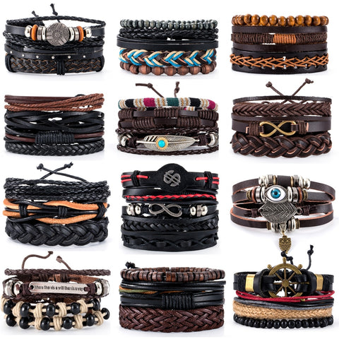 38 Style Retro Metal Leather Bracelets Sets Men Jewelry Vintage Handmade Anchor Charm Bracelet Bangles Homme Male Jewelry Gifts