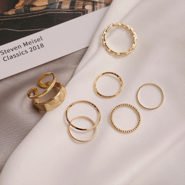 Fashion Punk joint Ring Set Geometric Twist Minimalist Jewelry Metal circular golden ring for women Street dance Accessories
