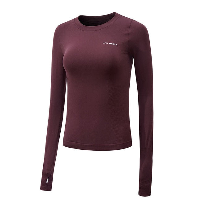 SALSPOR Sexy Women Letter Printing Sport Shirts Solid Color High Elastic Gym Yoga Top Running Breathable Long sleeve T-Shirts