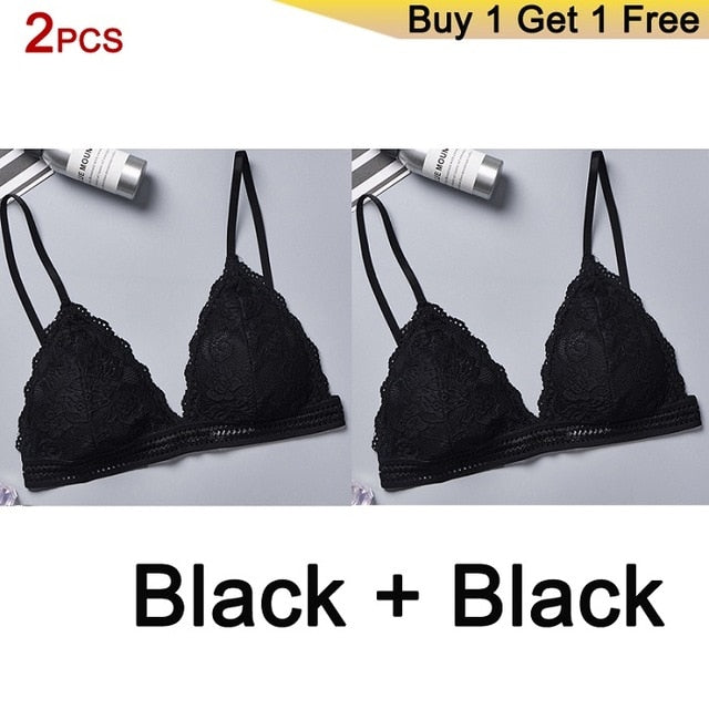 Gumprun French Style Bralette Seamless Deep V Lace Bras for Women Wireless Push Up Bra Thin Soft Underwear Sexy Lingerie