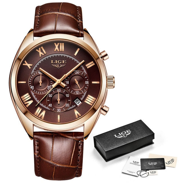 LIGE Watch For Men Top Brand Luxury Waterproof 24 Hour Date Quartz Clock Brown Leather Sports WristWatch Relogio Masculino 2020