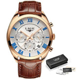 LIGE Watch For Men Top Brand Luxury Waterproof 24 Hour Date Quartz Clock Brown Leather Sports WristWatch Relogio Masculino 2020