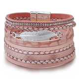 Amorcome Metal Feather Genuine Leather Bracelet for Women Jewelry Fashion Multilayer Bohemian Charm Wide Bracelets & Bangles