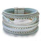 Amorcome Metal Feather Genuine Leather Bracelet for Women Jewelry Fashion Multilayer Bohemian Charm Wide Bracelets & Bangles