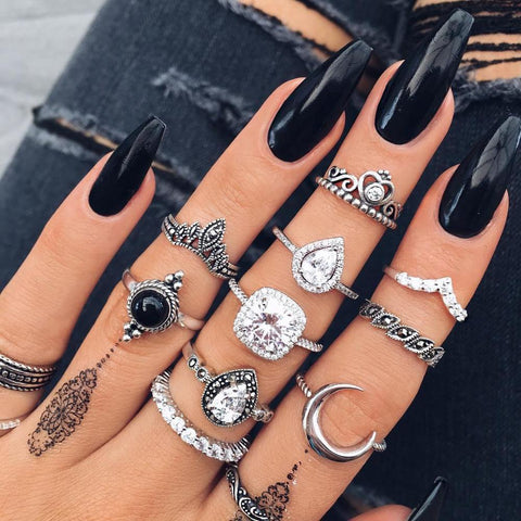 Vintage Women crystal Finger Knuckle Rings Set For Girls Moon lotus Charm Bohemian Ring Fashion Jewelry Gift