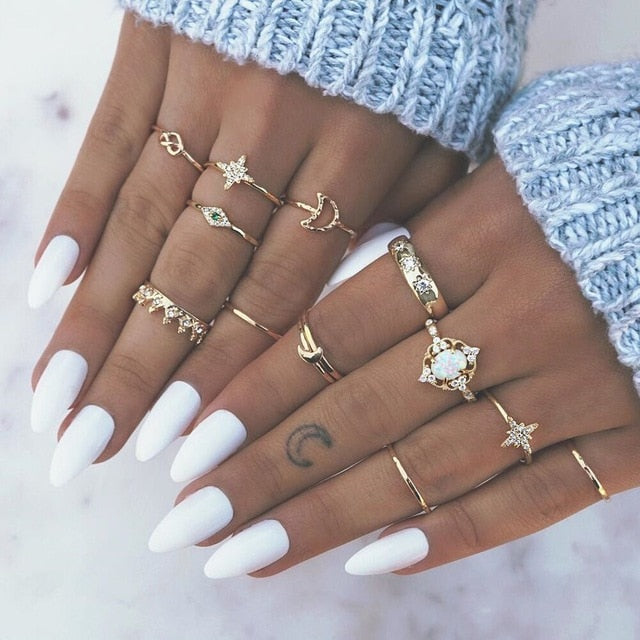 Vintage Women crystal Finger Knuckle Rings Set For Girls Moon lotus Charm Bohemian Ring Fashion Jewelry Gift