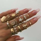 Vintage Women crystal Finger Knuckle Rings Set For Girls Moon lotus Charm Bohemian Ring Fashion Jewelry Gift