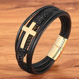 Cross Style Multi Layer Design Stainless Steel Fashion Men's Leather Bracelet Classic Gift For Men 5 Different Styles Choose