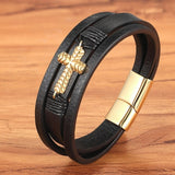 Cross Style Multi Layer Design Stainless Steel Fashion Men's Leather Bracelet Classic Gift For Men 5 Different Styles Choose