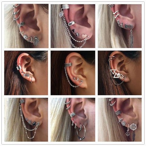 Tocona Vintage Silver Color Geometric Stud Earrings Set for Women Fashion Crystal Stone Heart Flower Leaf Chain Bohemian Jewelry
