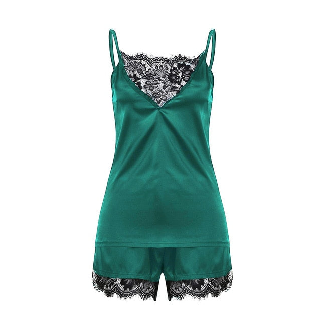 Ladies Women Satin Sexy Lingerie Lace Pajamas Set Elegant Sleeveless Top and Shorts Night Suit Pj Set Underwear Sleepwear