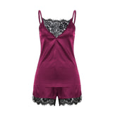 Ladies Women Satin Sexy Lingerie Lace Pajamas Set Elegant Sleeveless Top and Shorts Night Suit Pj Set Underwear Sleepwear
