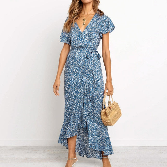 HiloRill Summer Long Maxi Dress Women Casual Boho Floral Print Beach Dress Sexy V-Neck Ruffle Bodycon Wrap High Slit Party Dress