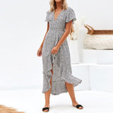 HiloRill Summer Long Maxi Dress Women Casual Boho Floral Print Beach Dress Sexy V-Neck Ruffle Bodycon Wrap High Slit Party Dress