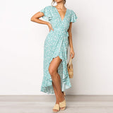 HiloRill Summer Long Maxi Dress Women Casual Boho Floral Print Beach Dress Sexy V-Neck Ruffle Bodycon Wrap High Slit Party Dress