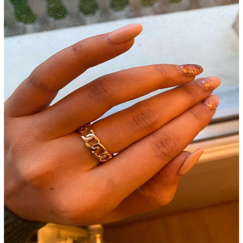 Chic Gold Color Plating Chain Shape RING 7mm Wide For Unisex Vintage Gothic Chunky Midi Ring Antique Jewelry Accessory