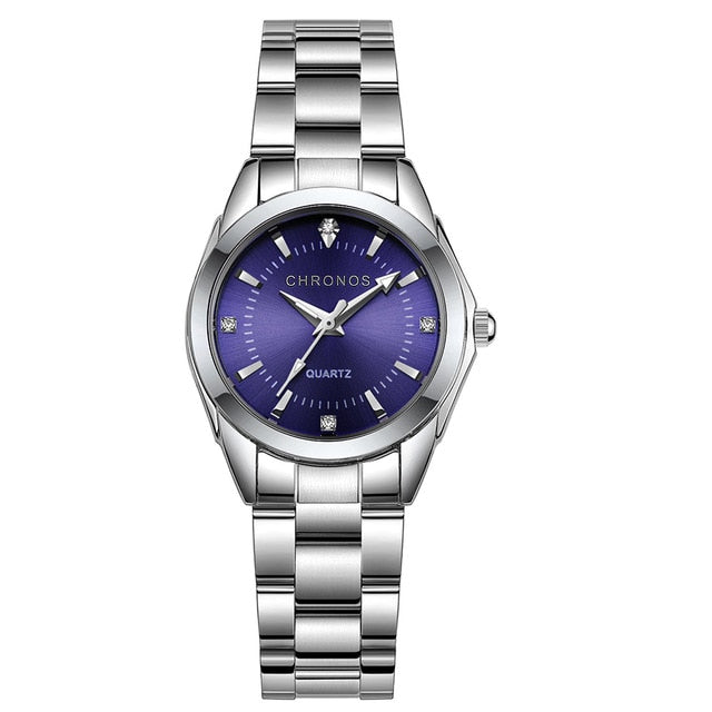 CHRONOS Women Stainless Steel Rhinestone Watch Silver Bracelet Quartz Waterproof Lady Business Analog Watches Pink Blue Dial