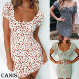 Women Off Shoulder Wrap Summer Boho Floral Mini Print Short Sleeve Evening Party Dress Ladies Holiday Beach