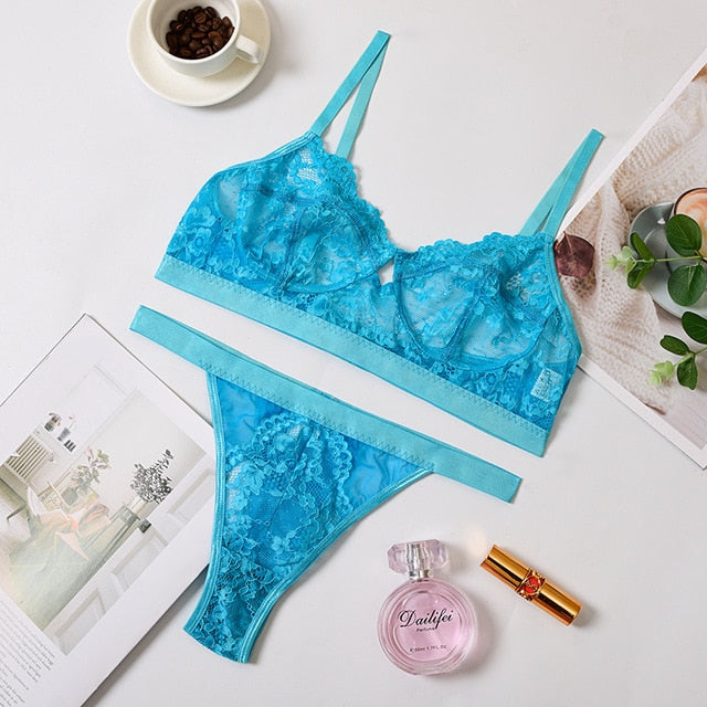 Sexy Lingerie Lace 3/4 Cup Bra Sets For Women Wireless Thin Breathable Comfortable Underwear Solid Color Lingerie Bralette Set