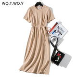 WOTWOY Summer Casual Solid Dress Women Sashes Waist Cotton Loose Dresses Women Pockets Mid-Calf Split Pink Dress Woman 2020 New