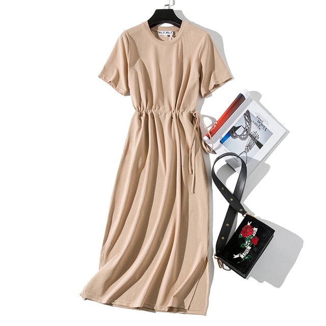 WOTWOY Summer Casual Solid Dress Women Sashes Waist Cotton Loose Dresses Women Pockets Mid-Calf Split Pink Dress Woman 2020 New