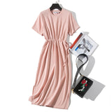 WOTWOY Summer Casual Solid Dress Women Sashes Waist Cotton Loose Dresses Women Pockets Mid-Calf Split Pink Dress Woman 2020 New